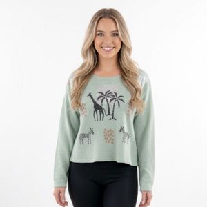 Vintage green knit safari giraffe print sweater one size